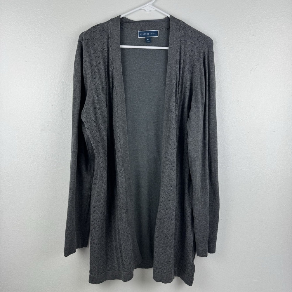 KAREN SCOTT Womens Delicate Open Knit Design Cardigan Duster Sweater Gray - PXL